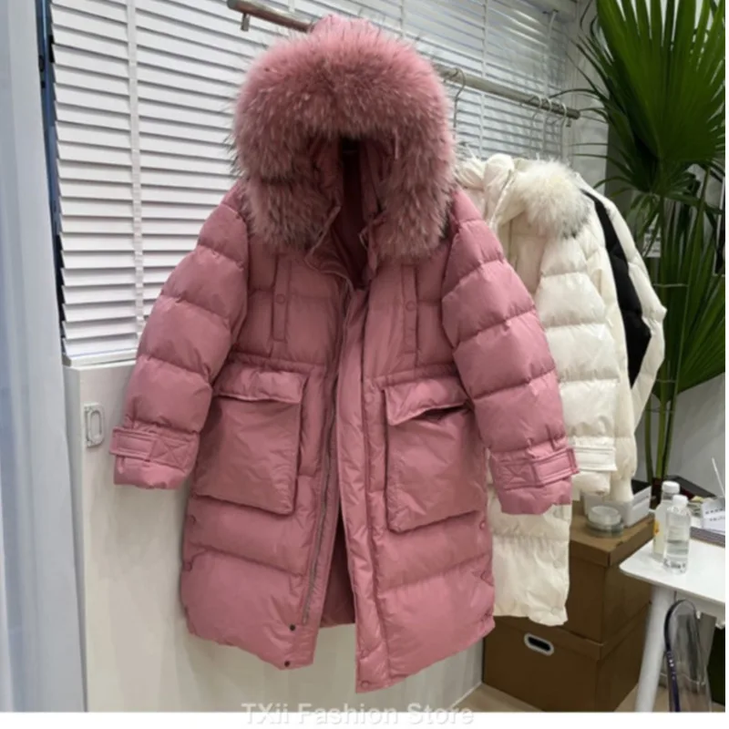 TXii New 2023 Big Real Raccoon Fur Hooded Duck Down Coat Waterproof Winter Women\'s Long Puffer Jacket Female Rain Feather Parkas