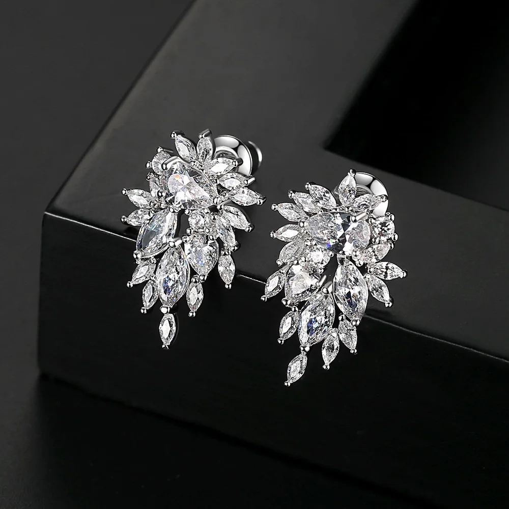 LUOTEEMI Cubic Zirconia Flower Stud Earrings Trendy Water Drop CZ Women Bridal Wedding Ear Studs 2022 Korean Style For Girl Gift