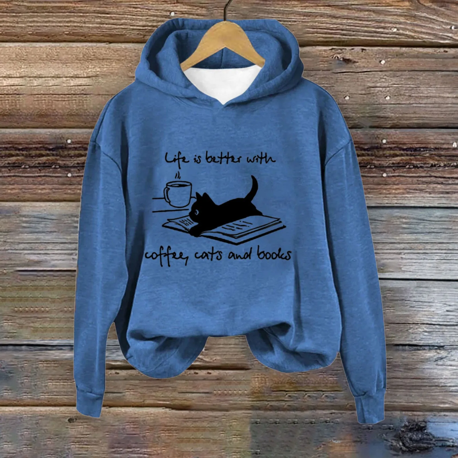 Coffee Cat And Book Print Women's Hooded Sweatshirt Crew Neck Pullover Fun Christmas Shirt Gift