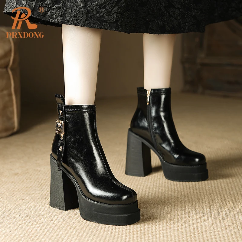 PRXDONG New Genuine Leather Shoes Chunky High Heels Platform Black Autumn Winter Warm Ankle Boots Dress Office Lady Size 34-40