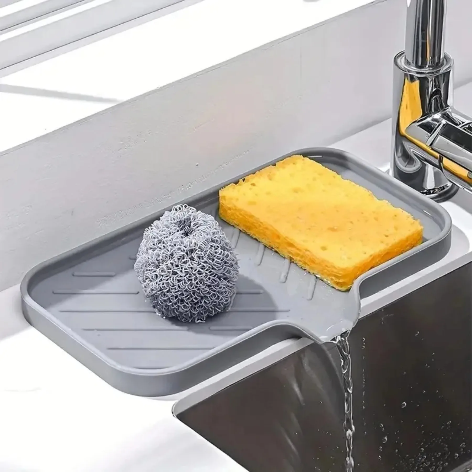 

Sink Silicone Tray with Drain Soap Sponge Storage Holder Countertop Sink Scrubber Brush Storage Rack Kitchen Organizer Soap Case