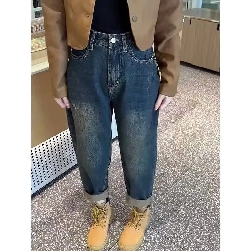 

Джинсы-клеш с высокой талией для женщин, осенне-зимние, новые, стройнящие, больших размеров, укороченные, повседневные, из хлопка и полиэстера