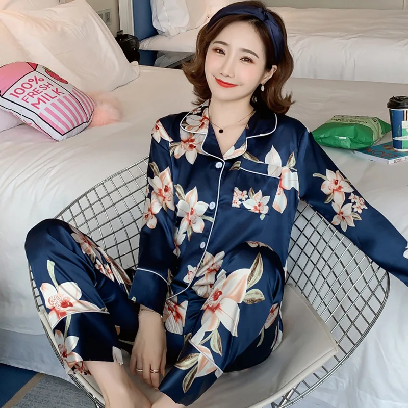 Women Silk Satin Pajamas Set Flower Print Sleepwear Suit Autumn Long Sleeves Pijama V-neck Lady Homewear Clothes Loungewear XXXL