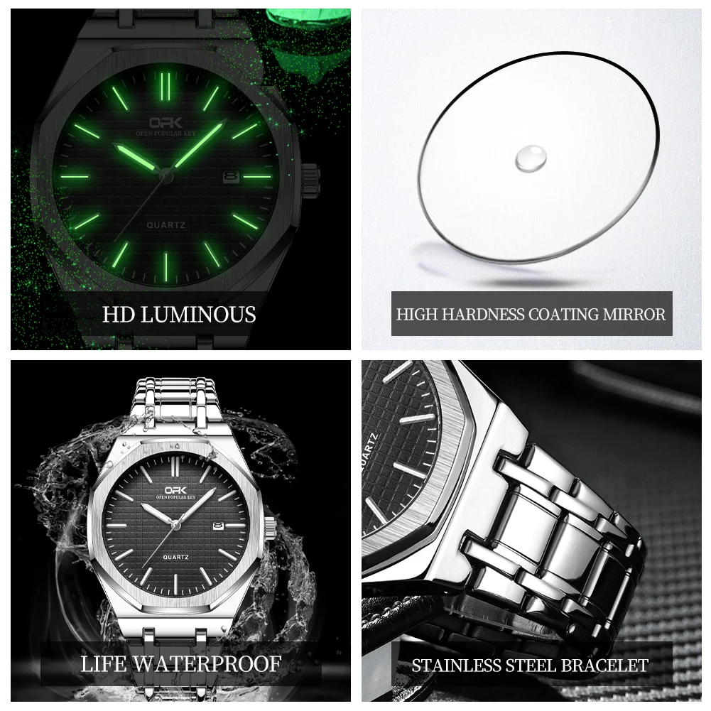 Reloj OPK para hombre, marca Original a la moda, resistente al agua, luminoso, fecha automática, relojes de cuarzo, reloj de acero inoxidable de lujo para hombre