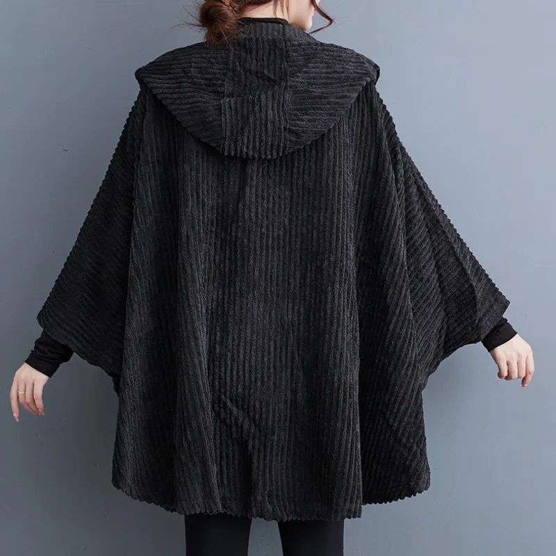 #4078 Autumn Winter Black Hooded Corduroy Ponchos And Capes Women Zipper Loose Batwing Sleeve Asymmetrical Coat Loose Outerwear