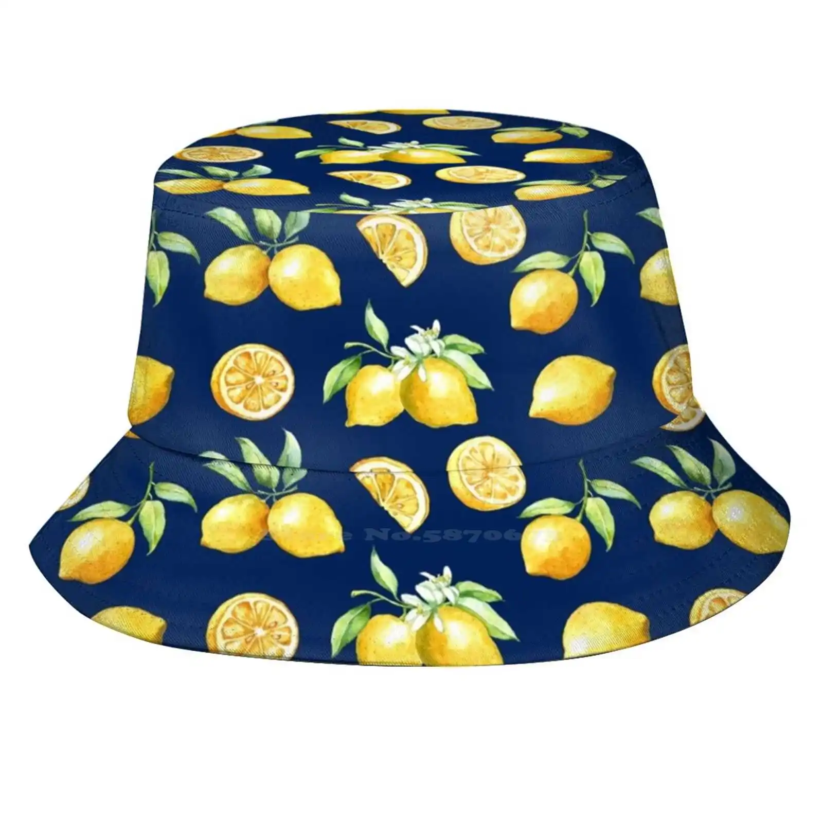 Lemons On Navy Background Unisex Fashion Women Men Breathable Bucket Hats Watercolor Yellow And Navy Lemons And Navy Chic Fun