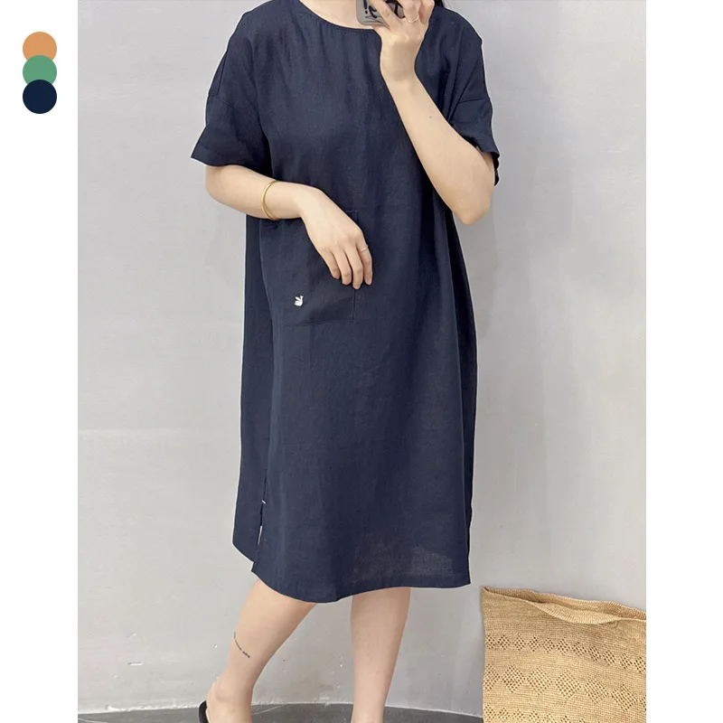 Suting summer linen high-grade Swan embroidery simple retro literary minimalist mid-length dress