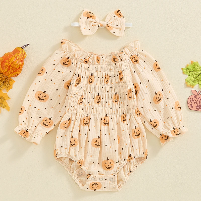 Baby Clothing Girls Halloween Casual Romper Long Sleeve Ruffle Collar Pumpkin Print Jumpsuit with Headband Newborn Clothes