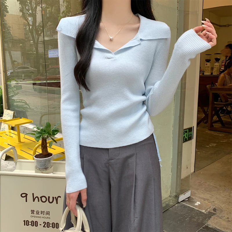 

Fashion Turn Down Collar Pullover Knitwear Women Chic Drawstring Waist Cinched Slimming Sweaters Vintage Ribbed Jumpers Woman