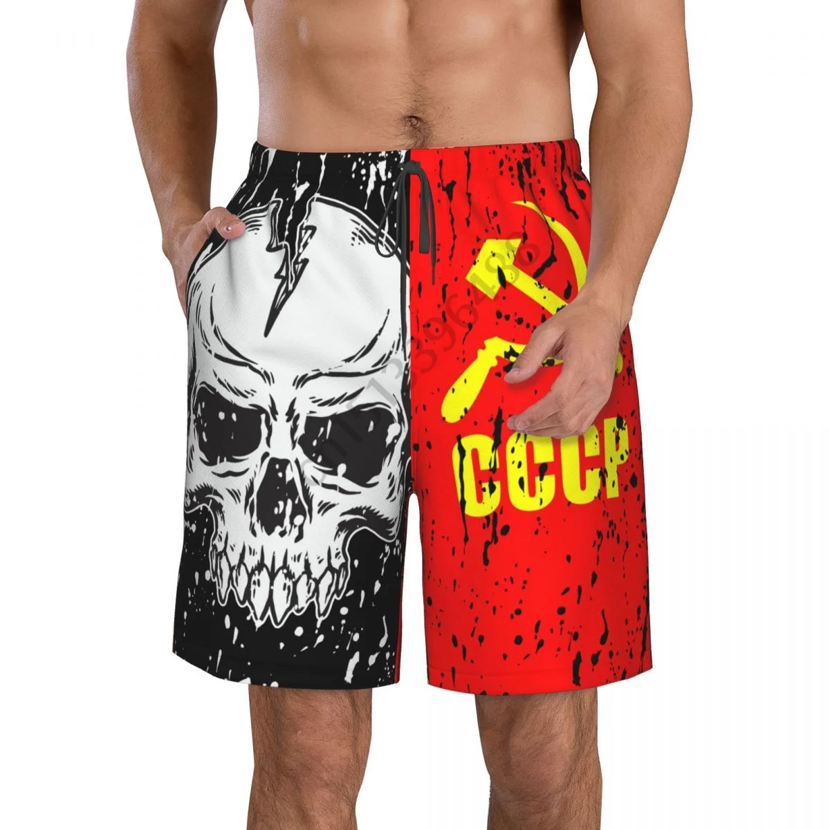 CCCP Flag Vintage Skull Men's Novelty Swimtrunks Quick Dry 3D Printed Mesh Lining Beach Board Shorts with Pockets