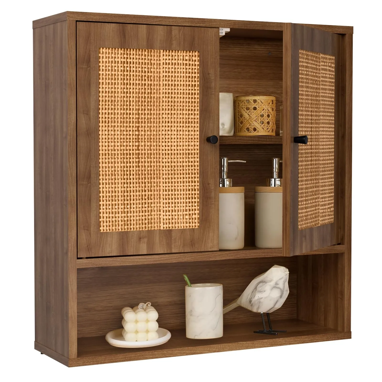 

Настенный шкаф с двойными дверцами из ротанга, 3-уровневое хранилище для ванной комнаты...