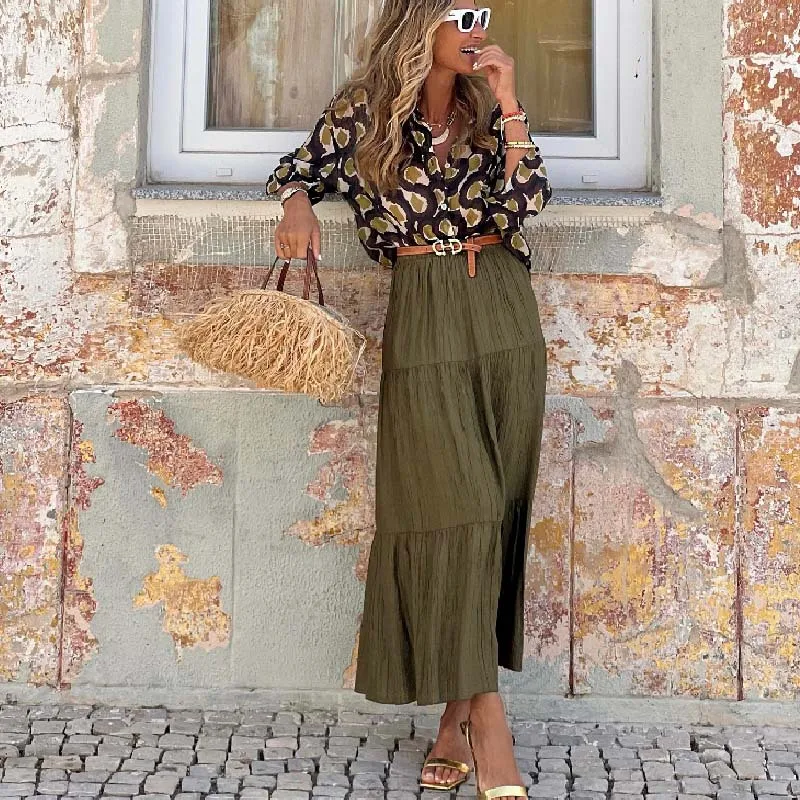 

2025 New Fashion Print Button-Up Shirt + Skirt Women's Two-Piece Sets Summer Casual Loose Top Belted Skirt Set For Women