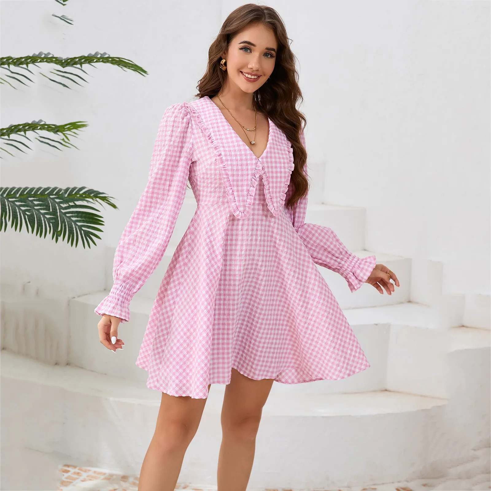 

Plaid Large Lapel Sweet Mini Dress Long Sleeves Elegant Slimming Large Swing A Line Dresses Ladies Casual Party Pleated Dress
