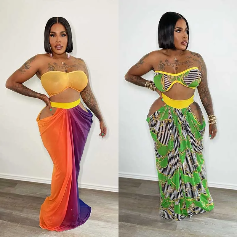 

Women 2 Piece Set Chic Sexy Sleeveless Print Tube Backless Tube Top Skinny Pleated Bandeau Long Skirt Suit