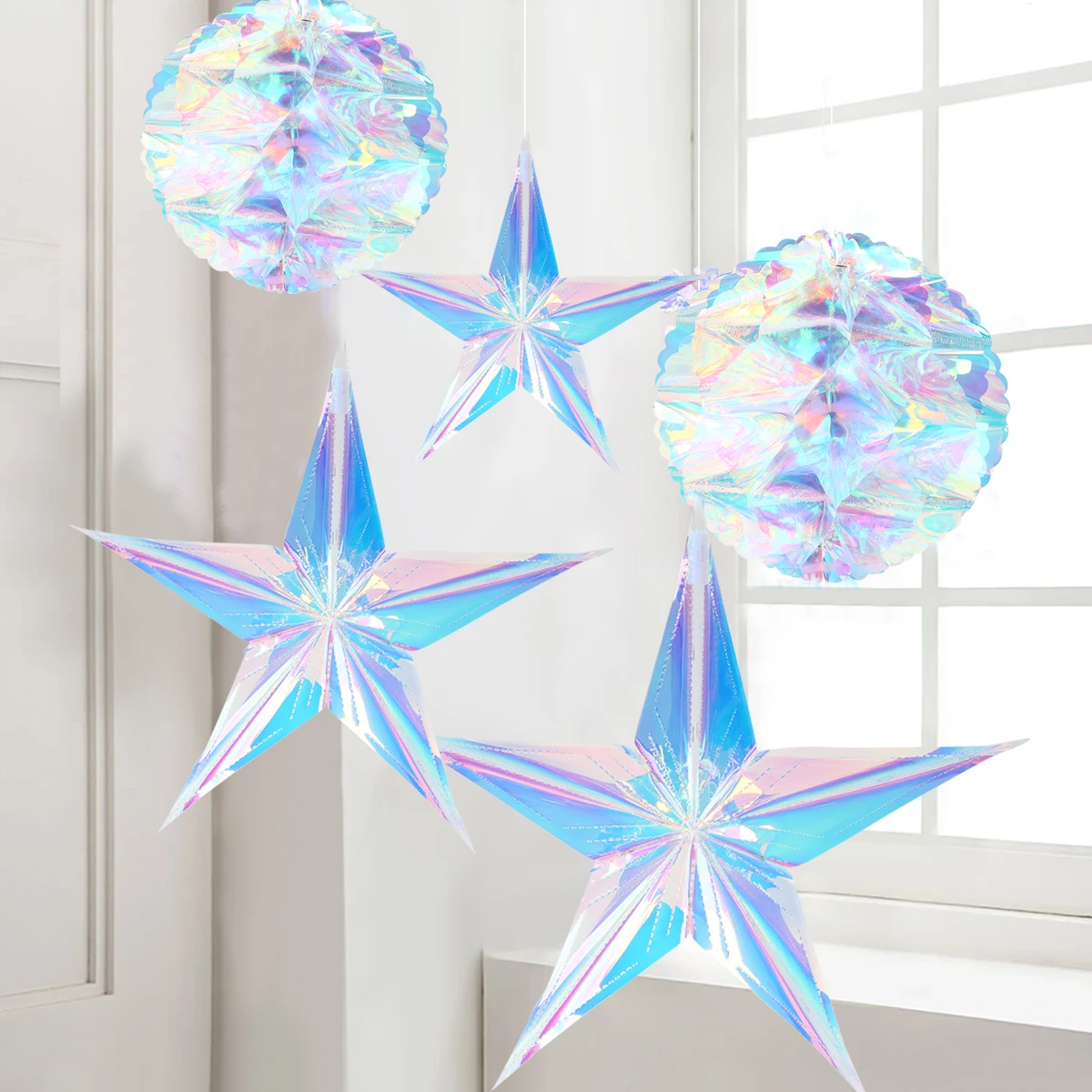 Christmas Star/Ball Hanging Ornament Shiny Laser Star Pendant Neon Color Film Paper Ball for Birthday Wedding Party Decoration