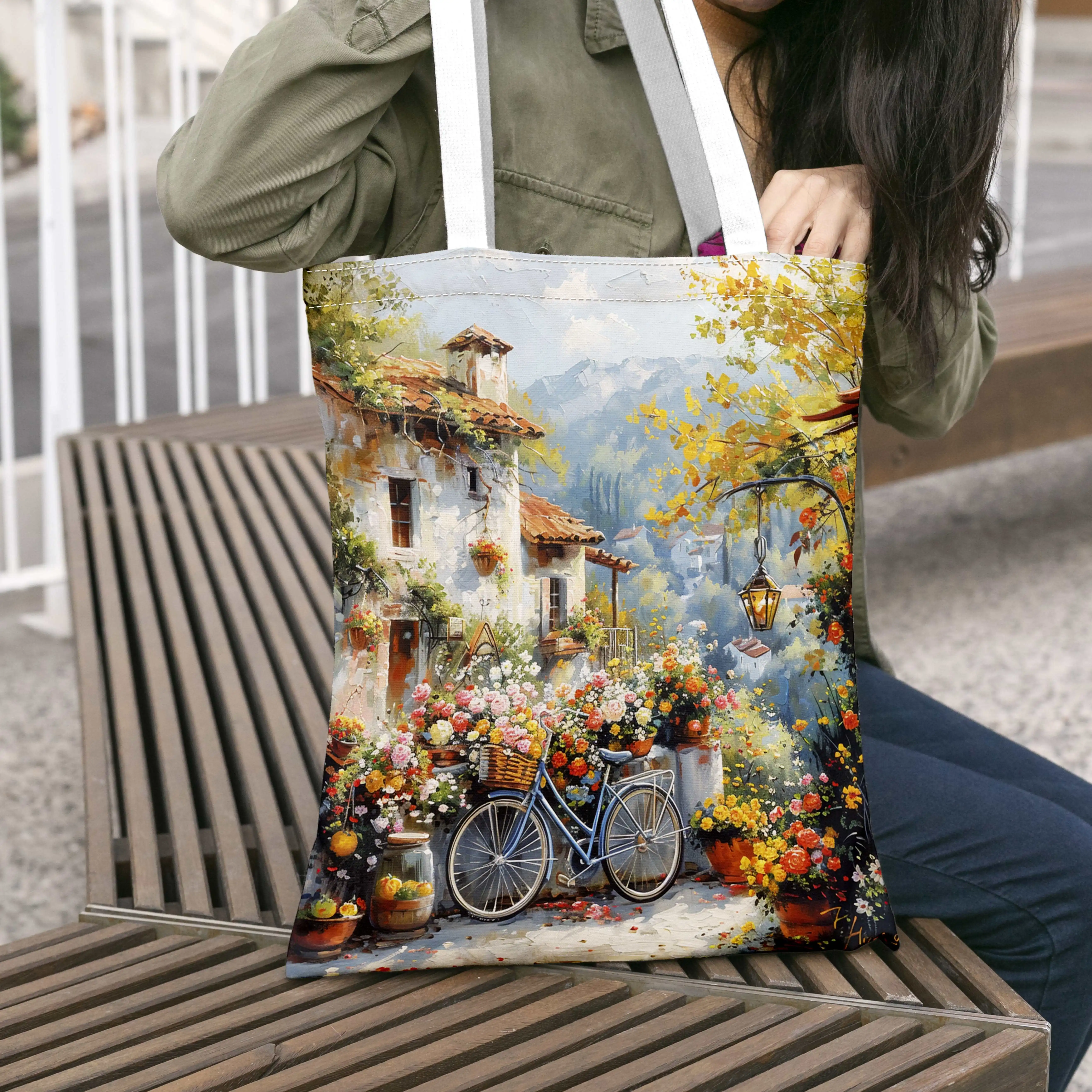 Charming Countryside Bicycle Print Handbag Spacious and Stylish with Rustic Village Scenes, Perfect for Shopping or Everyday Use
