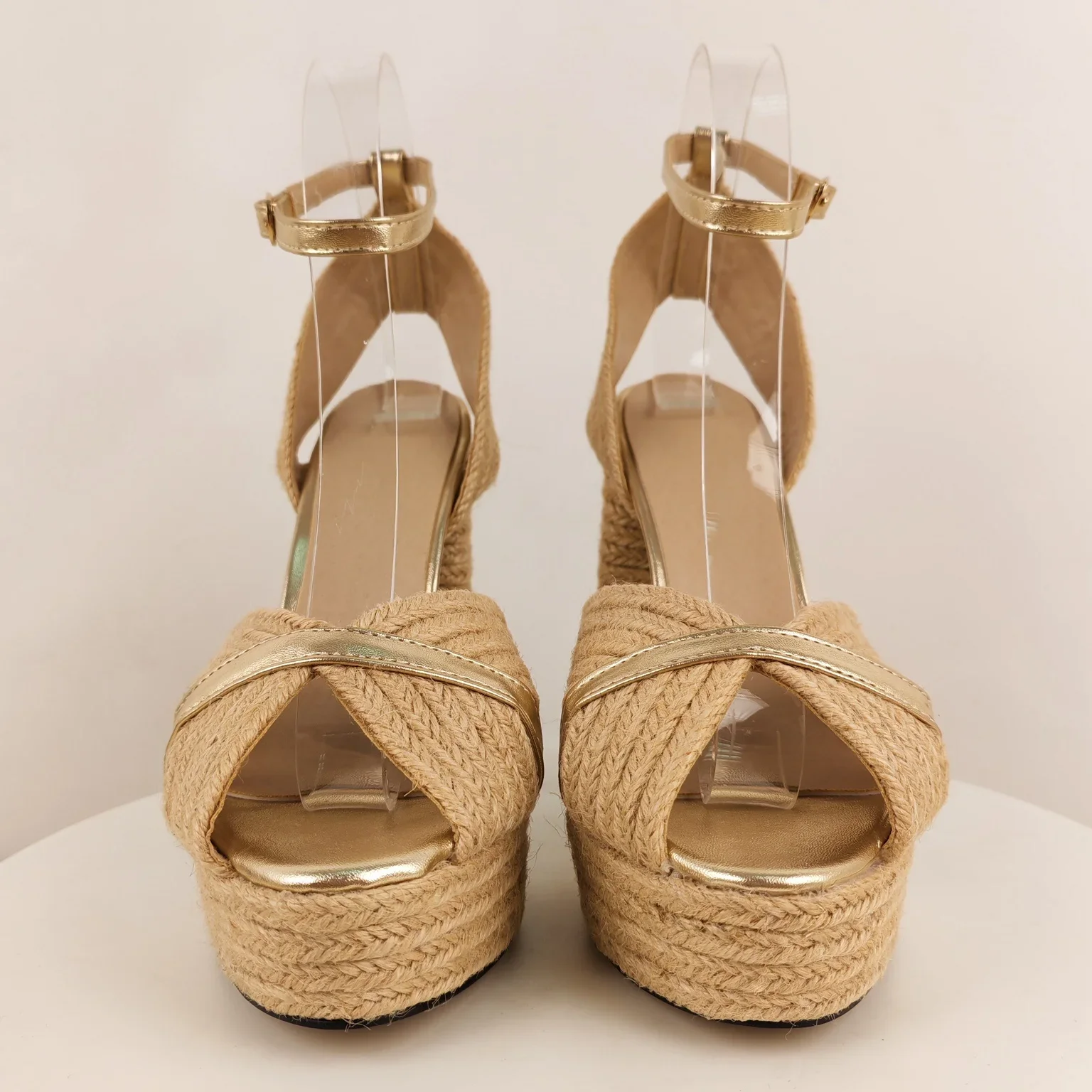 Beige Woven Open Toe Ankle Strap Buckle Block High Heels Pumps Women Shoes Platform Sandals De Mujer Bohemian Summer Vacation