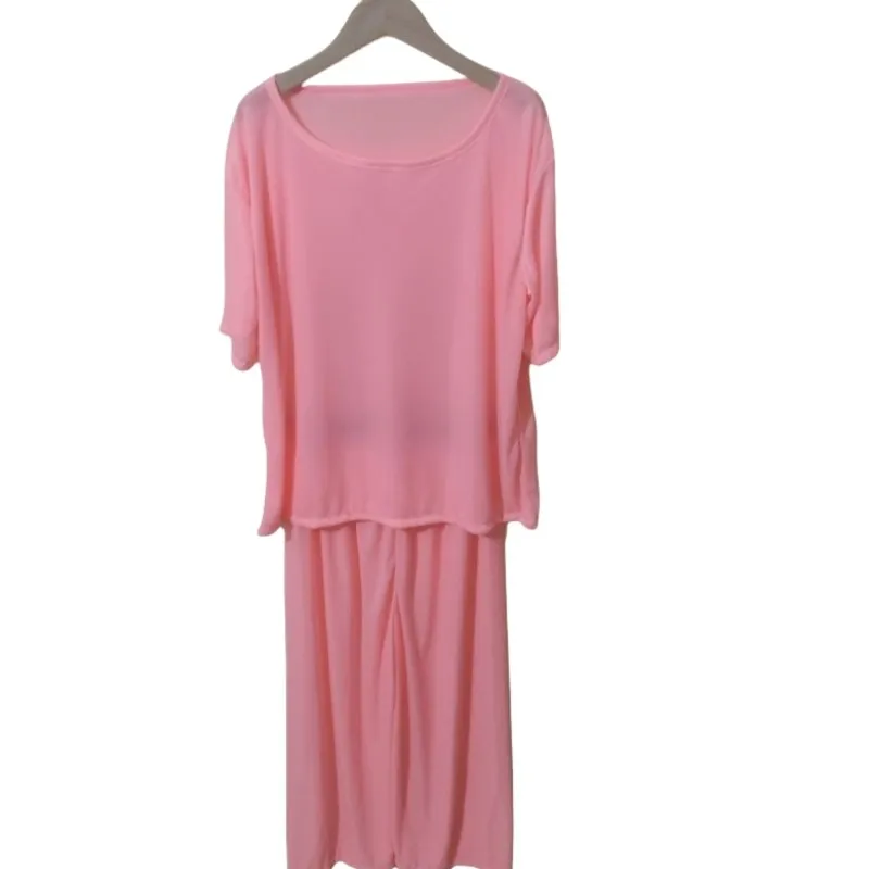 

Брюки с круглым вырезом и короткими рукавами Sissy, свободные пижамные брюки больших размеров, мужской сексуальный розовый ледяной шелк, тонкий шелковистый на ощупь комплект одежды для сна