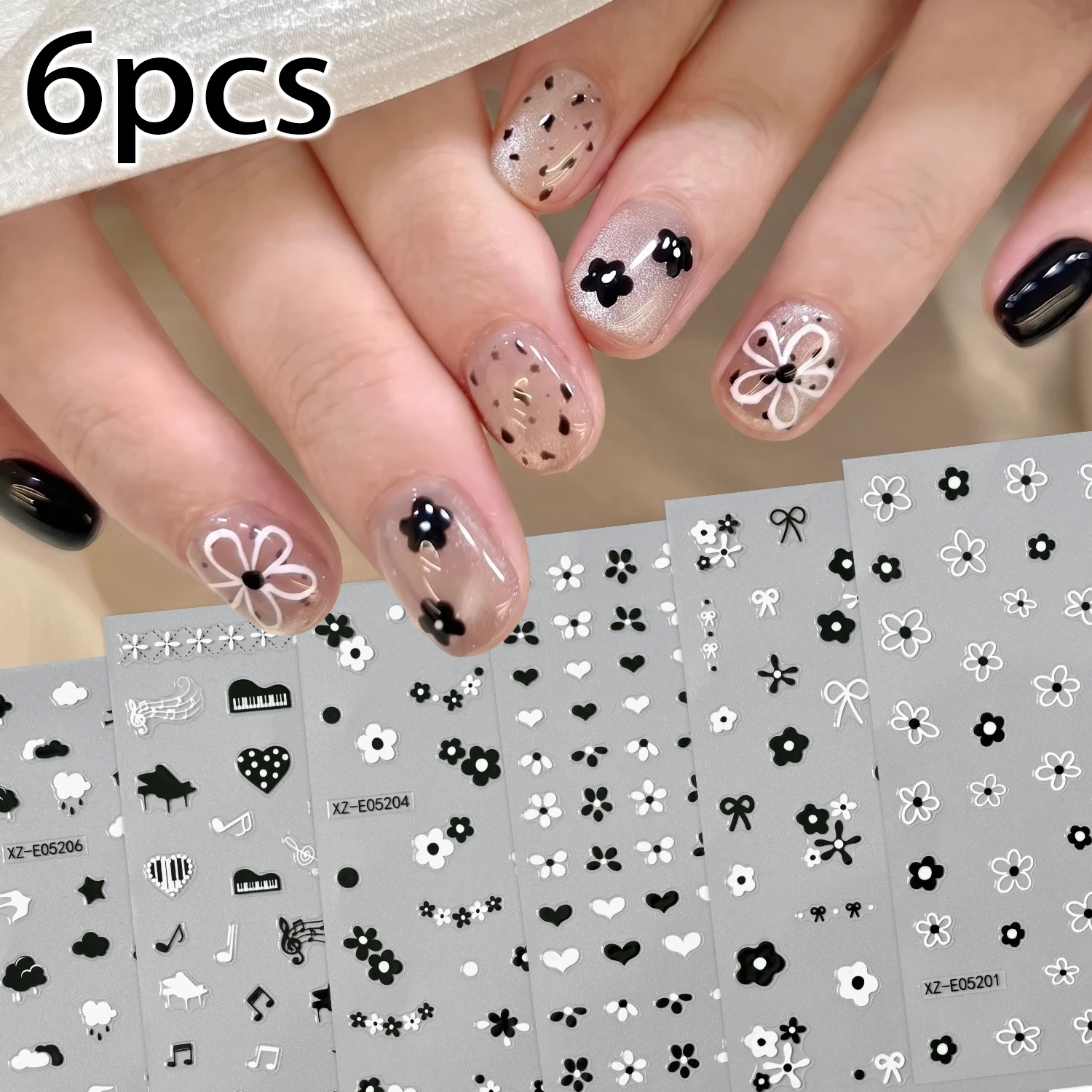 1/6Pcs 3D Black White Nail Stickers Sweet Cool Hollow Flower Bow Heart Music Note Adhesive Nail Decals For DIY Manicure Nail Dec