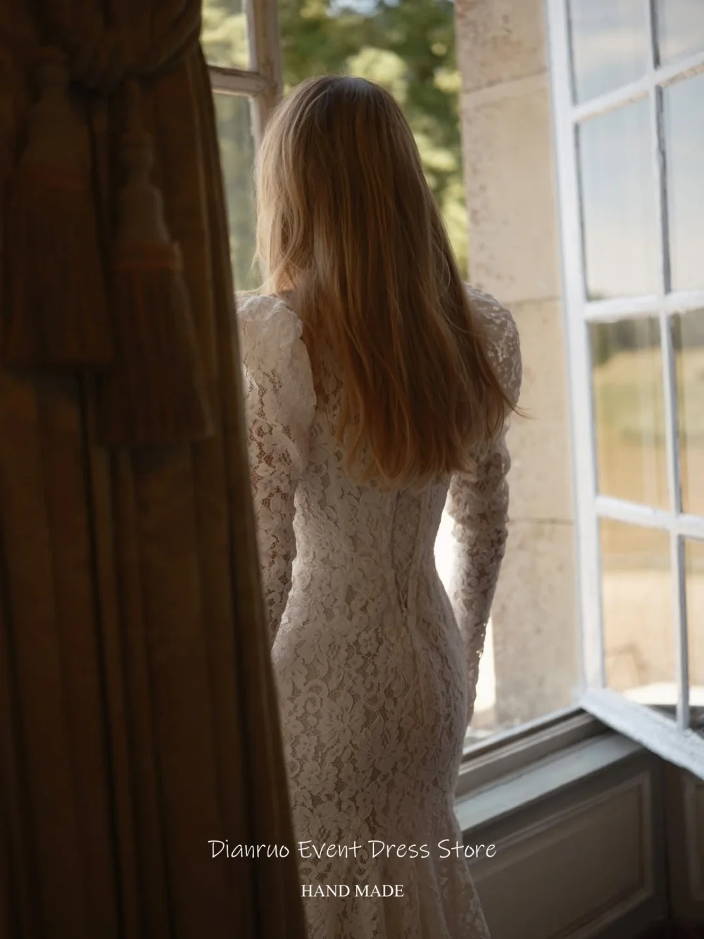 Dianruo Modest High Neck Lace Bridal Wedding Dress Long Sleeves платье на выпускной Appliques Handmade Party Dresses Customized