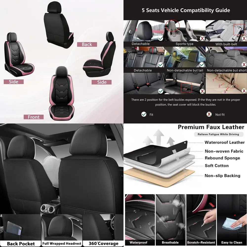 

Pink Leather 5-Seat Car Seat Covers Set, Waterproof Protection for Sedans, Trucks, and SUVs