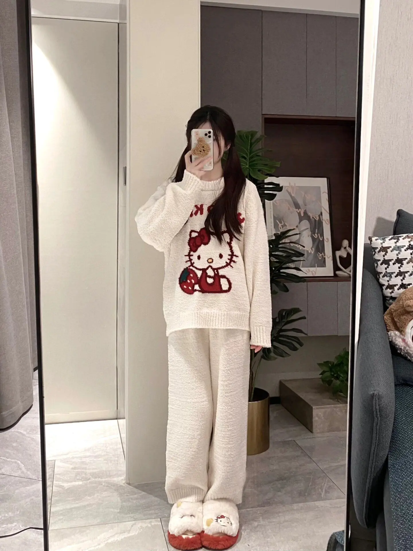 Hello Kitty-Conjunto de pijama de punto de felpa con dibujos animados Kawaii para mujer, ropa de descanso para el hogar, cálida, gruesa y acogedora, para otoño e invierno, 2025