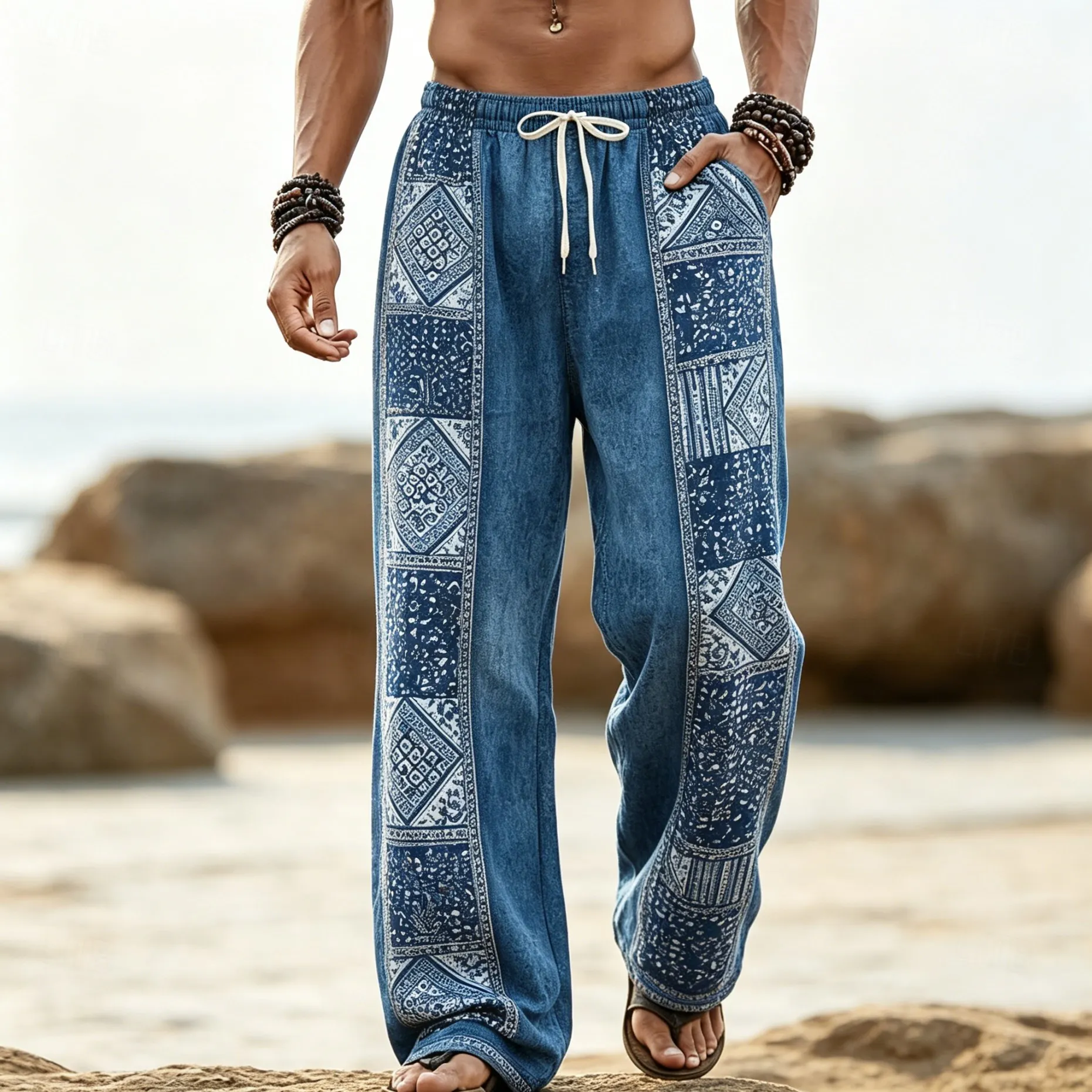 Herrenhose im Boho-Stil mit Tribal-Geo-Patchwork-Print und Kordelzug, lässige, lockere Hose für Frühling, Sommer, Strand und Alltag. – Detail 5