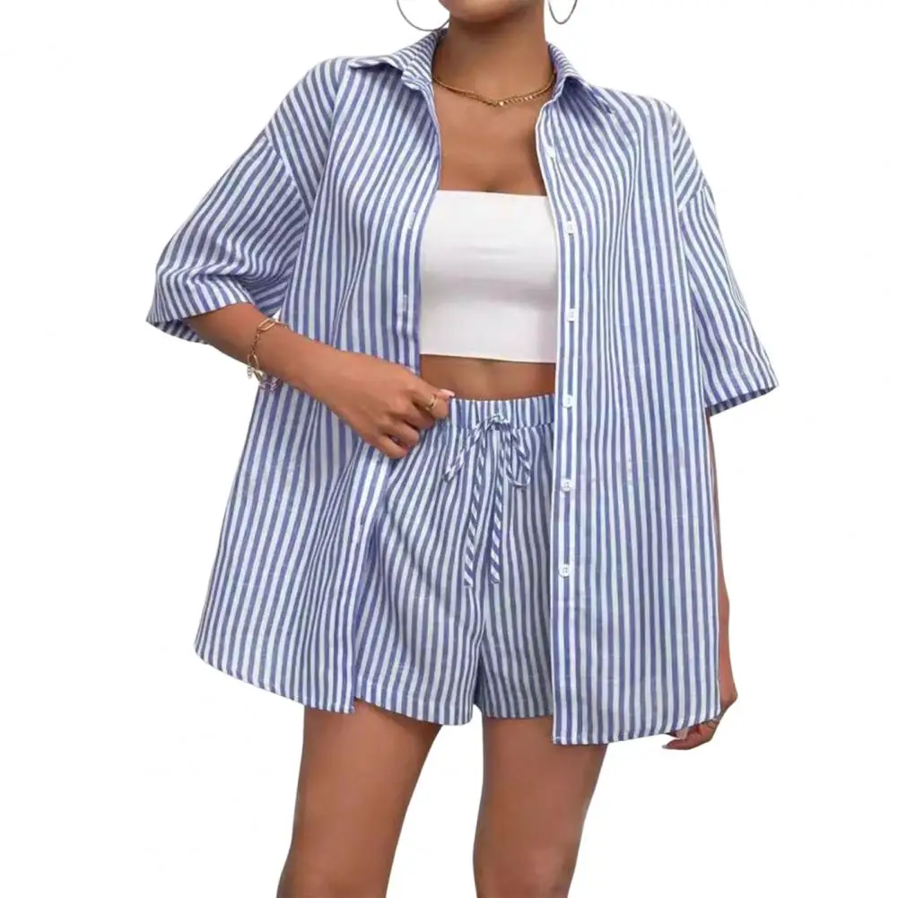 Versatile Two Piece Outfit Women's Summer Two Piece Set with Striped Button Down Shirt Drawstring Shorts for Holiday Lounge