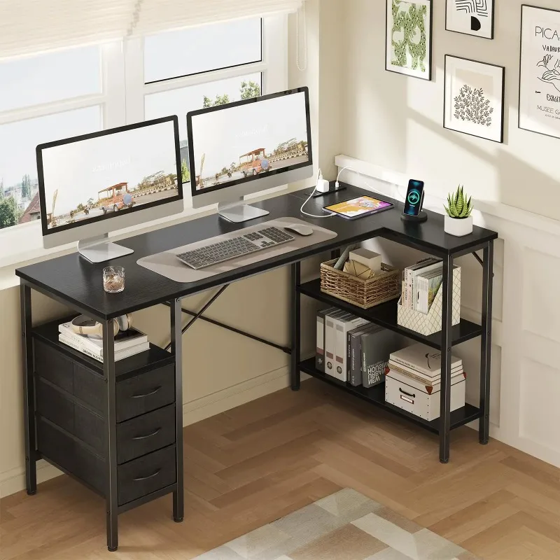 L Shaped Desk with Shelf Drawers 55 Inch Corner Computer Desks Gaming with Power Outlet Adjustable Shelves Home Office Table