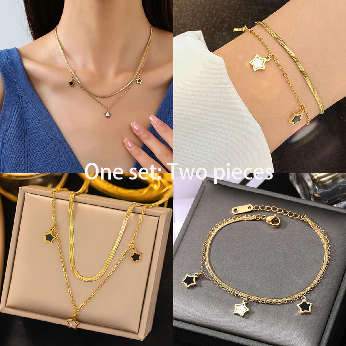 

316L Stainless Steel Multilayer Chain Star Charm Necklace Bracelet For Women New Trend Jewelry Set Girls Party Gifts