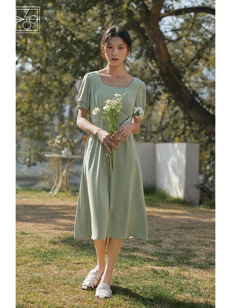 ZIQIAO Japanese Square Neck Chiffon A-LINE Skirts Short Puff Sleeve Dress Back Design Office Lady Solid Summer Drape Dress