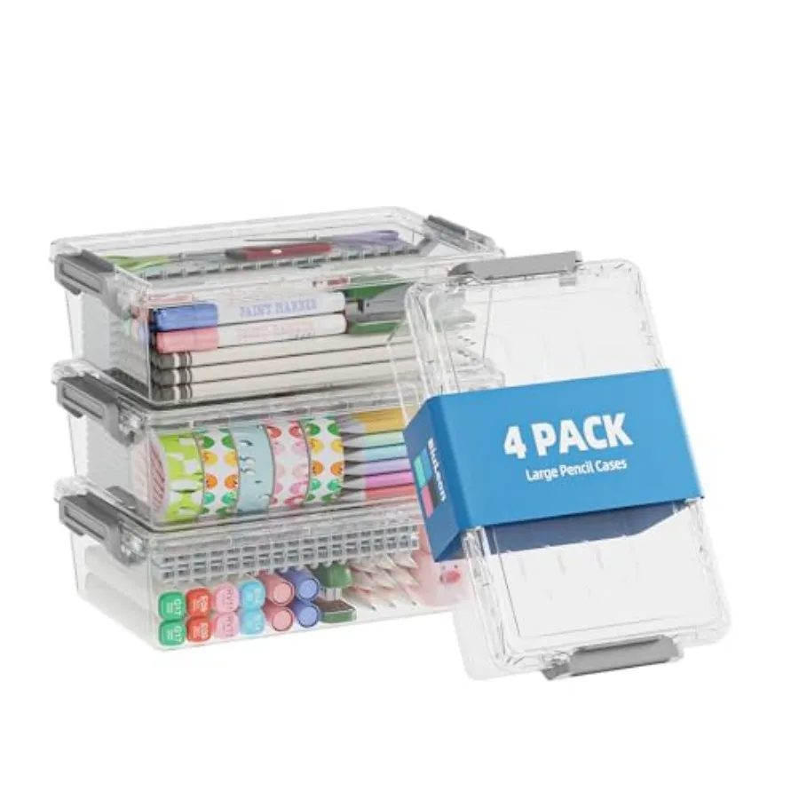 

4 Pack Extra Large Pencil Box, Plastic Pencil Case Organizer, Clear Crayon Box Marker Organizer, Stackable Craft Organizers and