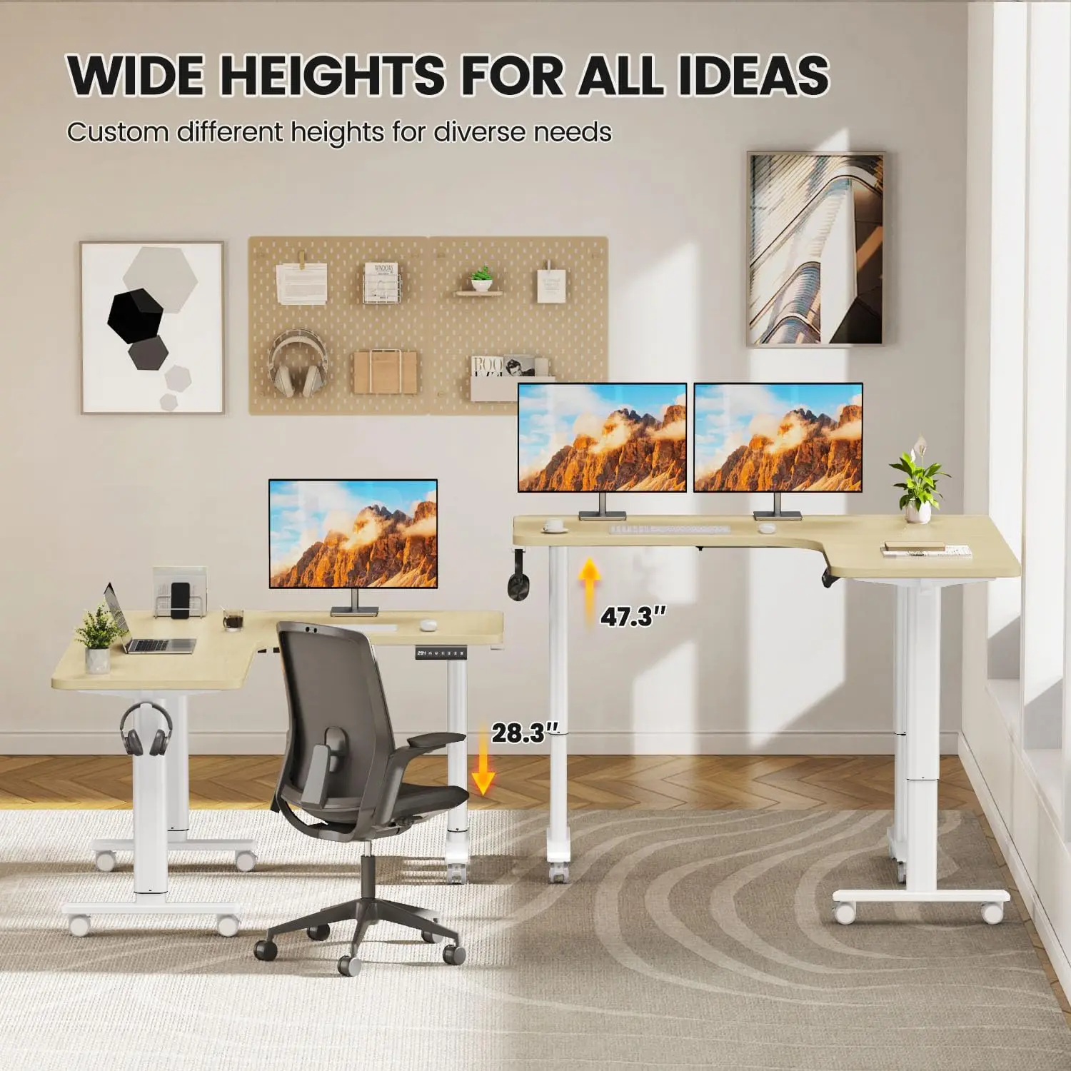 مكتب واقف زاوية مقاس 63 بوصة × 55 بوصة، مكتب مكتب منزلي، مكتب حامل بمحرك مزدوج، مكتب كمبيوتر مع 3 أجهزة قياس مسبقًا للذاكرة