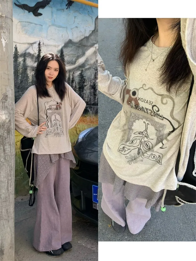 

Handmade Long Sve T-irt Rouhop Loose Fit Plant Print Casual Sle Women's Faion Thin Outerwear Autumn Season