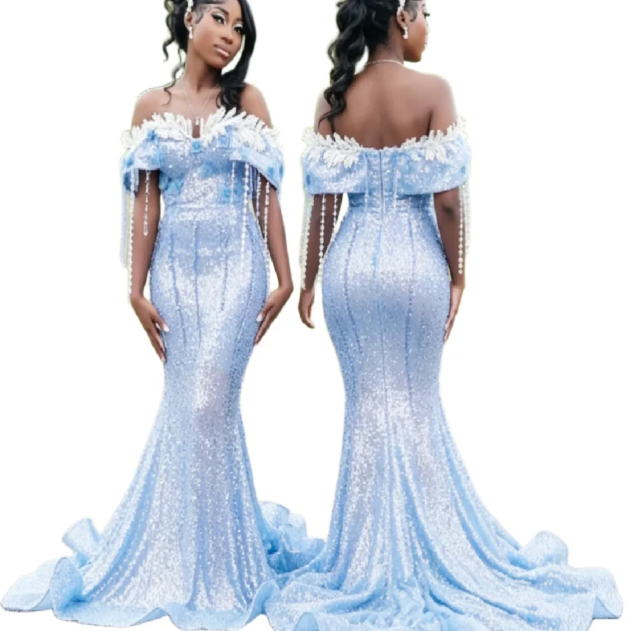 Shine Ice Blue Aso Ebi Prom Dress 2026 Off Shoulders Beaded Tassel Evening Gowns Mermaid Sequin Black Girls Birthday Party Dress