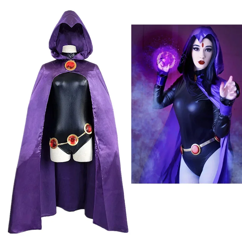 ผู้หญิงวัยรุ่น Titans Raven คอสเพลย์เครื่องแต่งกาย Zentai Jumpsuits เสื้อคลุมเข็มขัดชุดอะนิเมะ Masquerade ชุดแฟนซีคอสเพลย์ปาร์ตี้ชุด