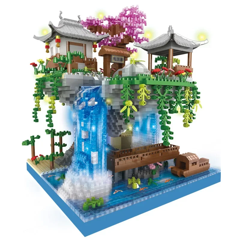 Ancient Architecture Peach Blossom Pond Castle Girl Model Building Block Assembly High difficulty Children\'s Toy