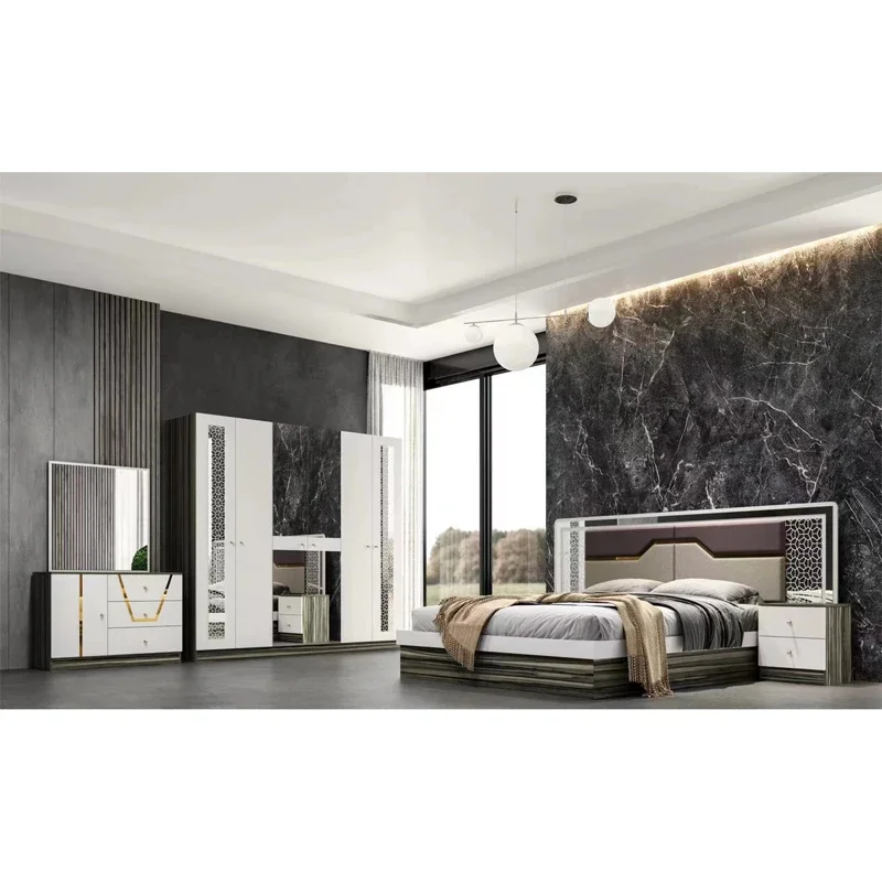 Luxury Bedroom Suite Marble Pattern Wardrobe + Upholstered Bed + Dresser Set