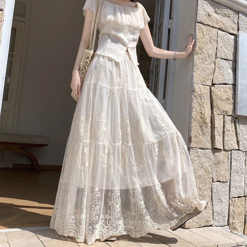 Elegant Long A-Line Skirt with Heavy Embroidery Lace Net Half-length Women's Floor-length Base Skirt Elegant Tulle Skirt