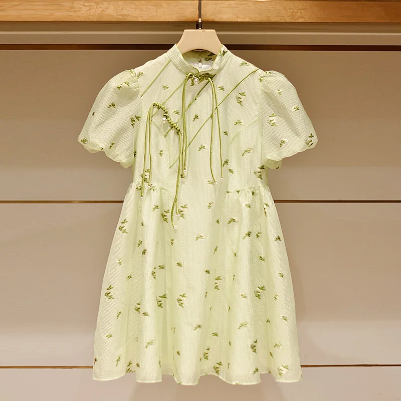 

Fre Sle Floral Print Bubble Sve Stand Collar Chinese New Version Dr Ele Lady Commute High Waist A-Lin...