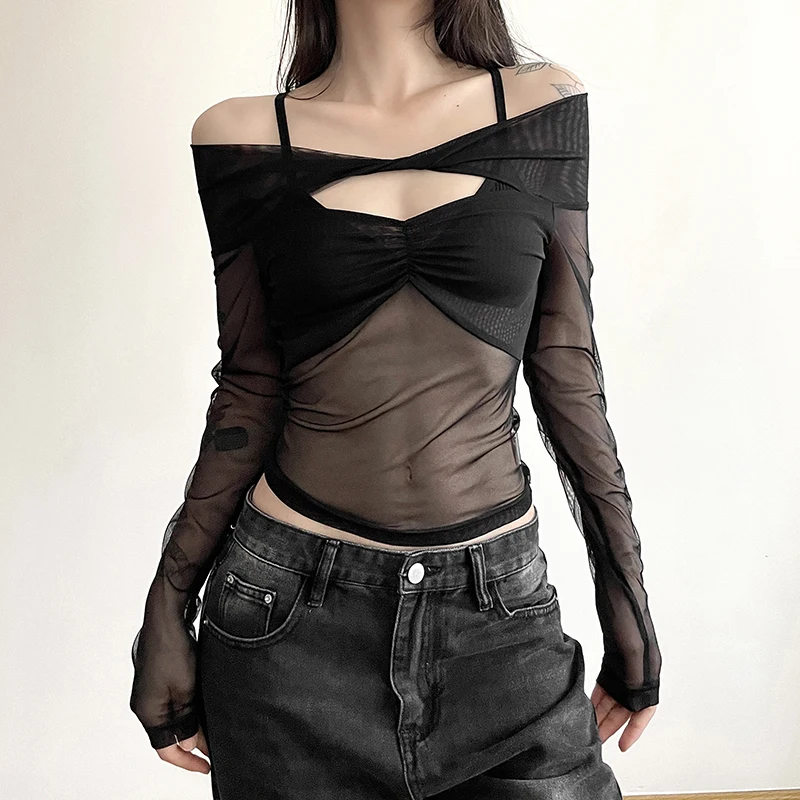 Off-the-Shoulder Hot Girl  Mesh Hollow Sexy Long Sleeve T-shirt Women's Stitching Design Sense Niche Short Top Bottoming Shirt