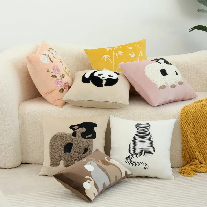 New Animal Embroidery Pillow Cover Cushion Cover Cute Wind Panda Living Room Sofa Bed Head Pillowcase