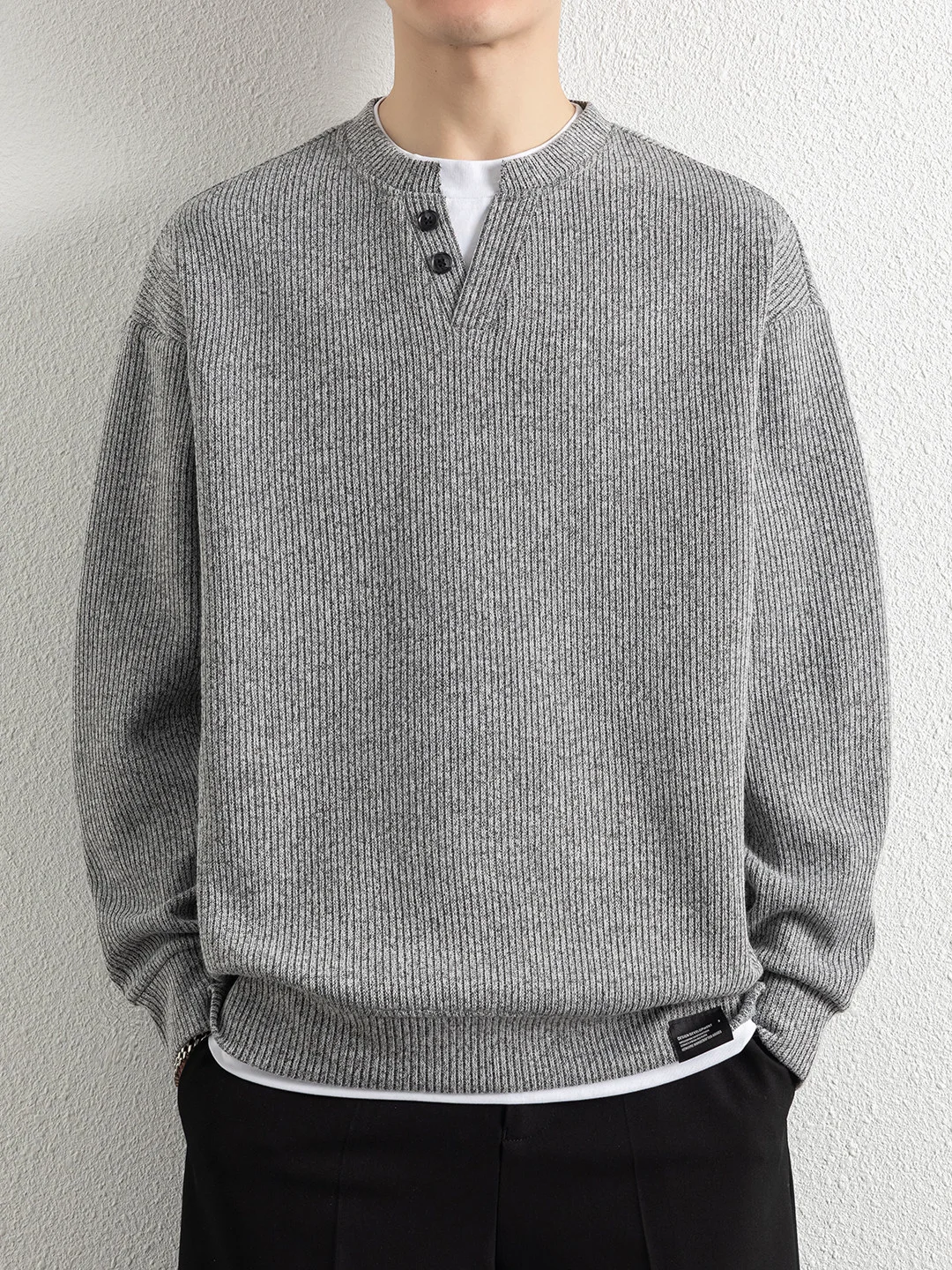 

Мужская трикотажная кофта с длинным рукавом и воротником хенли, имитация двухслойности, модный повседневный топ для весеннего гардероба