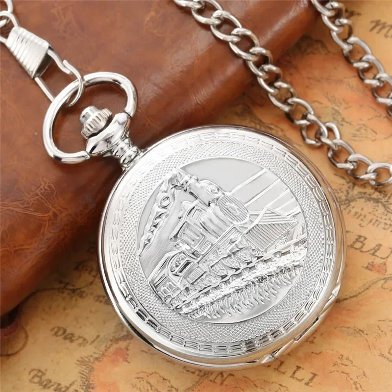 Antique Silver Locomotive Steam Train Clock Men's Hand Winding Mechanical Pocket Watch Roman Number Pendant Chain reloj