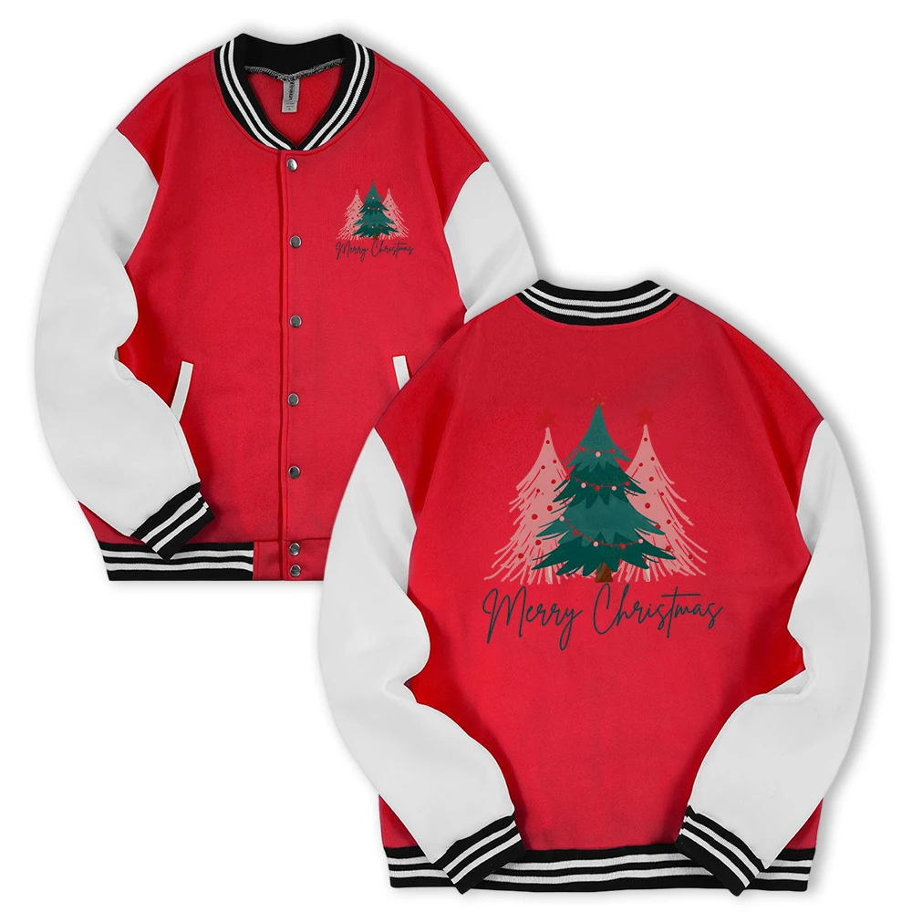 

Merry Christmas Tree Print Male Jacket All-Match Fleece Baseball Jersey Vintage Casual Clothes Autumn Loose Mens Button Coat