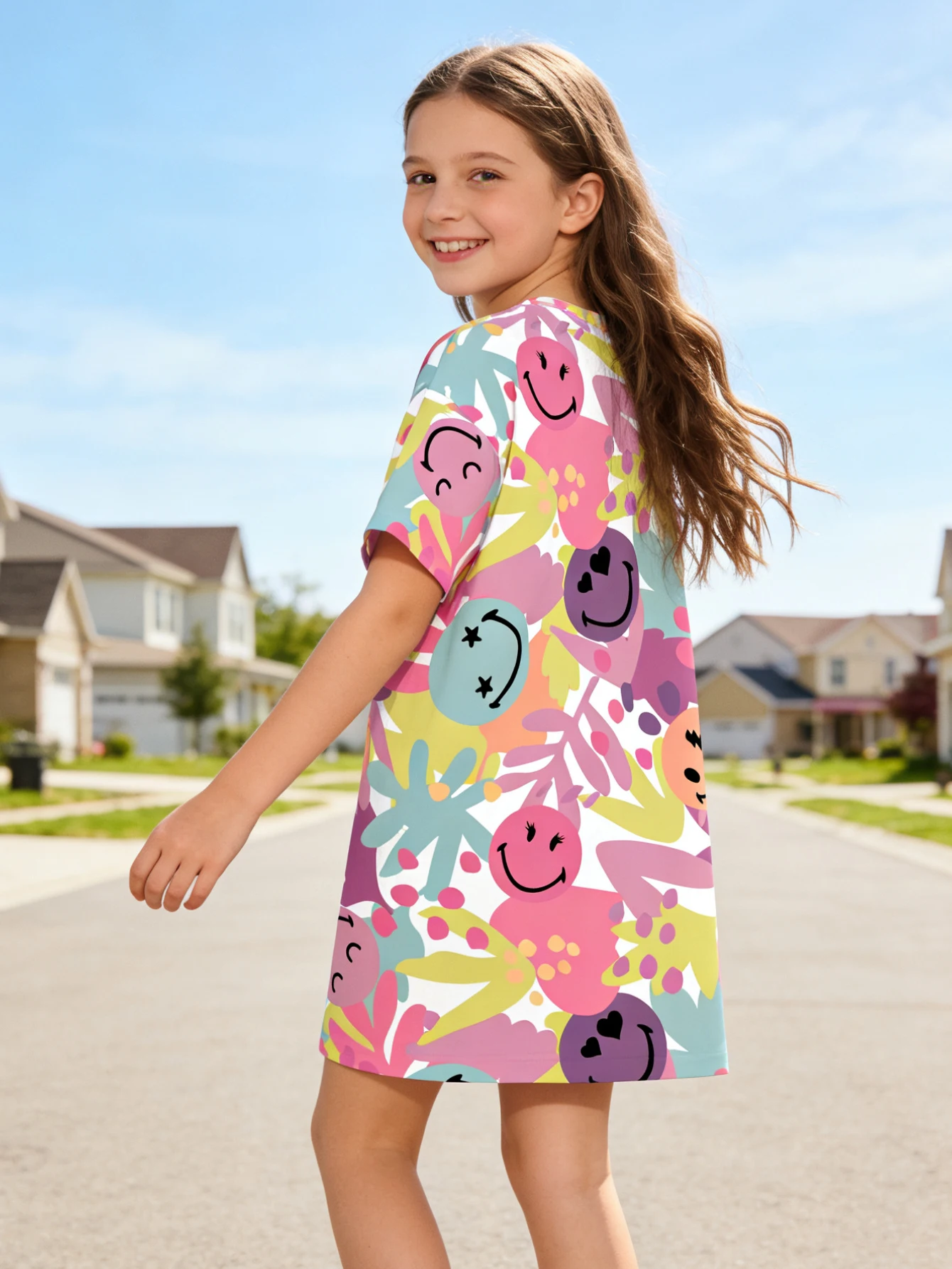 2026 girls geometric smiley face print medium and long short-sleeved T-shirt, loose summer casual fashion top