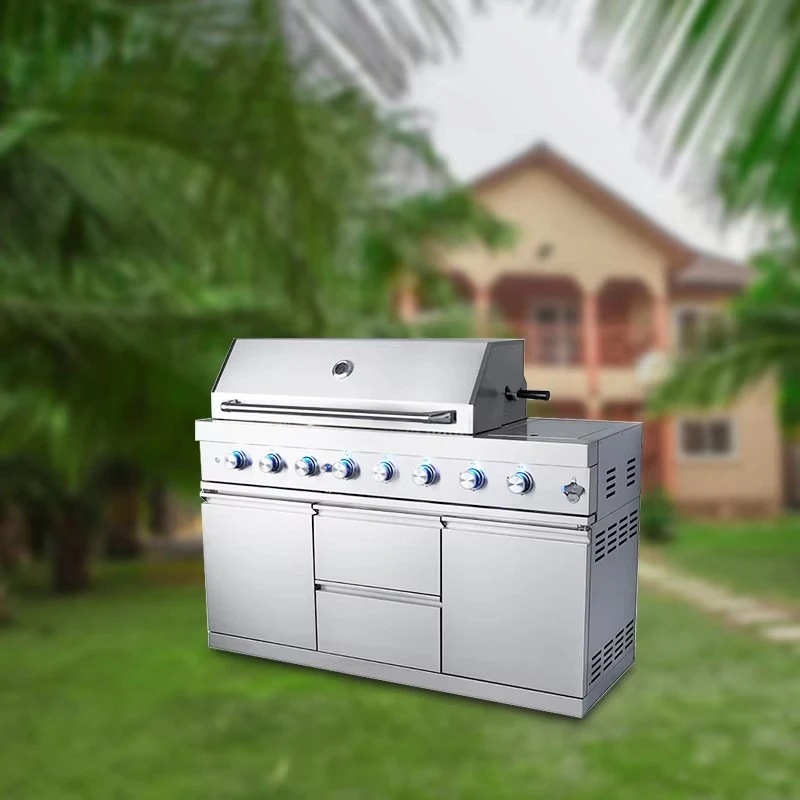 Premium 8-Burner Portable Outdoor BBQ Grill Propane Fuel Trolley 304 Stainless Steel Luxurious Style for Outdoor Kitchen