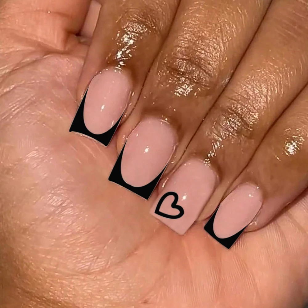 24 Stuks Medium Vierkant Roze Frankrijk Volledige Dekking Nep Nail Set-Korte Doodskist Pers Op Nagels Liefde Ontwerp Voor Meisje Moeder Vrouwen Cadeau