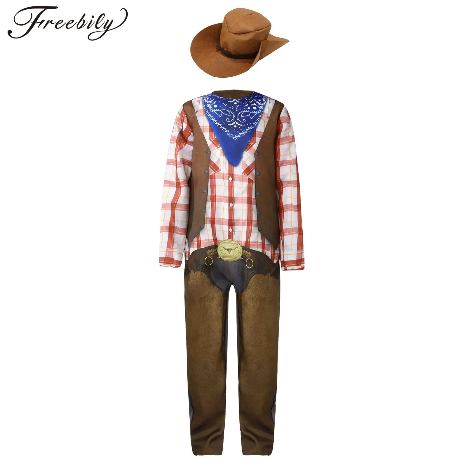 Kids Boys Halloween West Cowboy Cosplay Costume Long Sleeve Plaid Bandana Print Jumpsuit with Felt Hat for Theme Party Carnival