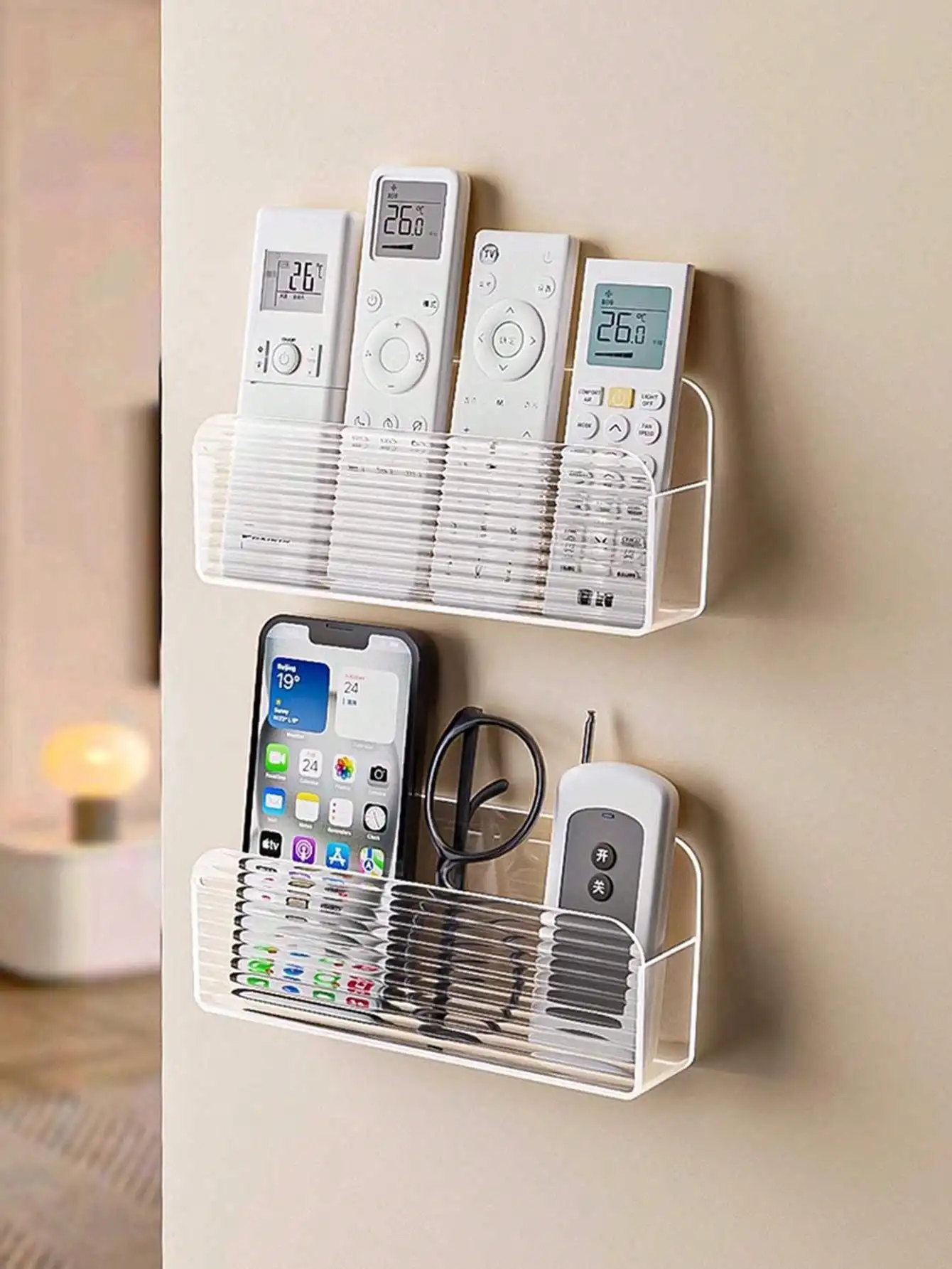 1pc montado na parede tv/ar condicionado suporte de controle remoto, acrílico transparente montado na parede do telefone móvel/armário de cosméticos